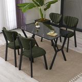 Armens Life Elma Modeli Masa Sandalye Takımı, 4 Sandalye 1 Sabit Siyah Mermer Desen Masa 110 x 70 cm , Keten Kumaş - Yeşil - 70x70