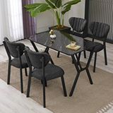 Armens Life Elma Modeli Masa Sandalye Takımı, 4 Sandalye 1 Sabit Siyah Mermer Desen Masa 110x70 Cm, Keten Kumaş Antrasit