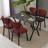 Armens Life Elma Modeli Masa Sandalye Takımı, 4 Sandalye 1 Sabit Siyah Mermer Desen Masa 110x70 Cm, Keten Kumaş Bordo