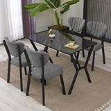 Armens Life Elma Modeli Masa Sandalye Takımı, 4 Sandalye 1 Sabit Siyah Mermer Desen Masa 110x70 Cm, Keten Kumaş Gri