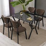 Armens Life Elma Modeli Masa Sandalye Takımı, 4 Sandalye 1 Sabit Siyah Mermer Desen Masa 110x70 Cm, Keten Kumaş Kahverengi