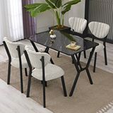 Armens Life Elma Modeli Masa Sandalye Takımı, 4 Sandalye 1 Sabit Siyah Mermer Desen Masa 110x70 Cm, Keten Kumaş Krem