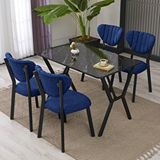 Armens Life Elma Modeli Masa Sandalye Takımı, 4 Sandalye 1 Sabit Siyah Mermer Desen Masa 110x70 Cm, Keten Kumaş Lacivert
