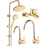 Armilla Armatür Altın Renk Yuvarlak Robot Duş Sistemi Mutfak Eviye Banyo ve Lavabo Musluğu Bataryası 4’lü Set Gold