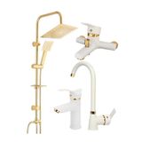 ARMİLLA ARMATÜR Altın Robot Duş Sistemi Beyaz Mutfak Eviye Banyo Ve Beyaz Kartal Lavabo Musluğu Bataryası 4’lü Set BEYAZ SET GOLD