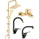 Armilla Armatür Armilla Kare Gold Robot Duş Seti, Gold Banyo, Siyah Gold Eviye ve Lavabo Bataryası Musluğu 4’lü Lüx Full Set Kare
