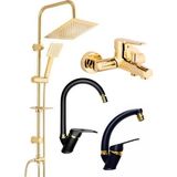 Armilla Armatür Armilla Kare Gold Robot Duş Seti, Gold Banyo, Siyah Gold Lavabo ve Mutfak Bataryası Musluğu 4’lü Lüx Full Set Mix Kare