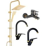Armilla Armatür Armilla Kare Gold Robot Duş Seti, Siyah Gold Banyo, Baston Siyah Gold Lavabo ve Mutfak Bataryası 4’lü Lüx Full Set Baston Siyah Gold