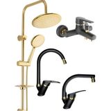 Armilla Armatür Armilla Yuvarlak Gold Robot Duş Seti, Siyah Gold Banyo, Siyah Gold Eviye ve Lavabo Bataryası Musluğu 4’lü Lüx Full Set Armilla