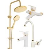 Armilla Armatür Gold Robot Duş Sistemi Beyaz Mutfak Eviye Banyo ve Beyaz Kartal Lavabo Musluğu Bataryası 4’lü Set Beyaz Set Gold