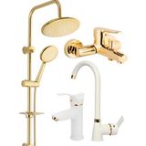 Armilla Armatür Gold Robot Duş Sistemi Gold Banyo Beyaz Mutfak Eviye Beyaz Kartal Lavabo Musluğu Bataryası 4’lü Set Beyaz Set Gold
