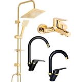 Armilla Armatür Kare Gold Robot Duş Seti, Lüx Gold Banyo, Baston Siyah Gold Lavabo ve Mutfak Bataryası 4’lü Lüx Full Set Baston Gold Kare
