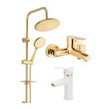 ARMİLLA ARMATÜR Yuvarlak Gold Robot Duş Sistemi Banyo Batarya Ve Beyaz Gold Kartal Lavabo Bataryası Musluğu 3’lü Set GOLD YVRK BYZ