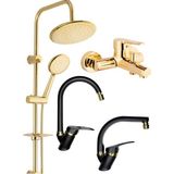 Armilla Yuvarlak Gold Robot Duş Seti, Gold Banyo, Siyah Gold Eviye ve Lavabo Bataryası Musluğu 4’lü Lüx Full Set Yuvarlak