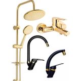 Armilla Yuvarlak Gold Robot Duş Seti, Gold Banyo, Siyah Gold Lavabo ve Mutfak Bataryası Musluğu 4’lü Lüx Full Set