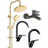 Armilla Yuvarlak Gold Robot Duş Seti, Siyah Gold Banyo, Baston Siyah Gold Lavabo ve Mutfak Bataryası 4’lü Lüx Full Set Baston Siyah