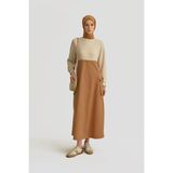 Armine Paraşüt Kumaş Mix Örme Elbise ORTD9437 Camel - 36