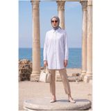 Armine TREND Çizgili Asimetrik Blok Detaylı Düğmeli Uzun Kollu Oversize Gömlek Tunik 90 cm Boy Mavi 26YT490