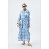 Armine Trend Doğal Kumaş Desenli Beli Kuşaklı Kolu Lastikli Rahat Kalıp Elbise Mavi 25YT963 - 42