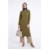 Armine TREND Fermuarlı Düz Uzun Triko Tunik Yağ Yeşili 25KTD4113
