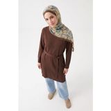 Armine TREND Kuşaklı Çizgili Uzun Triko Tunik Kahverengi 26ktd410