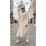Armine Trend Nakışlı Çizgili Ketenli Uzun Tunik Ekru 26yt440
