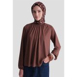 Armine Yakası Büzgülü Rayon Bluz Kakao