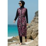 armonika 3'lü Takım Kolları Likralı Önden Fermuarlı Yırtmaçlı Maksi Burkini Tesettür Mayo D22