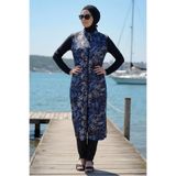 armonika 3'lü Takım Kolları Likralı Önden Fermuarlı Yırtmaçlı Maksi Burkini Tesettür Mayo D23