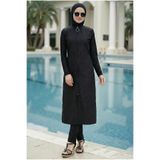 armonika 3'lü Takım Kolları Likralı Önden Fermuarlı Yırtmaçlı Maksi Burkini Tesettür Mayo SİYAH