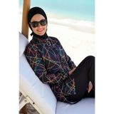 armonika 3'lü Takım Önden Fermuarlı Desenli Yanları Yırtmaçlı Arkası Lastikli Burkini Tesettür Mayo D34