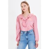 Armonika ARM-22K001059 Kadın Açık Pembe Yakası Fırfırlı Omuzu Büzgülü Kolu Lastikli Pamuk Saten Bluz