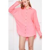 Armonika ARM-24K001001 Kadın Neon Pembe Oversize Dokulu Keten Görünümlü Geniş Manşetli Gömlek