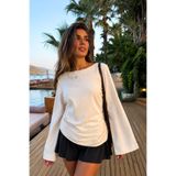 armonika Kadın Açık Bej Kayık Yaka Yanları Büzgülü Arkası İp Detaylı Bluz ARM-26K001085