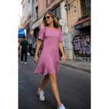 armonika Kadın Açık Gül Kurusu Sıfır Yaka Etek Ucu Volanlı Kısa Kol Fermuarlı Elbise ARM-26Y001057