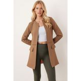 armonika Kadın Açık Kahve Beli Dikişli Uzun Ceket ARM-26K001017