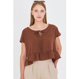 armonika Kadın Açık Kahve Yarasa Kol Yakası Bağlamalı Eteği Fırfırlı Oversize Crop Bluz ARM-24Y001088