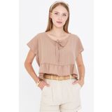 armonika Kadın Açık Vizon Yarasa Kol Yakası Bağlamalı Eteği Fırfırlı Oversize Crop Bluz ARM-24Y001088