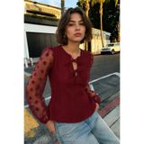 armonika Kadın Bordo Yakası Bağlamalı Kolları Tül Peplun Bluz ARM-26Y001076