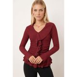 armonika Kadın Bordo Yakası Fırfırlı Kolları Volanlı Büzgülü Bluz ARM-26K001079