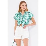 Armonika Kadın Çimen Yeşil Desenli Kısa Kol Gömlek Pamuk - Polyester Rahat Kesim Şık Stil - XL
