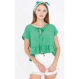 Armonika Kadın Çimen Yeşil Yarasa Kol Yakası Bağlamalı Eteği Fırfırlı Oversize Crop Bluz ARM-24Y001088 - Çimen Yeşili