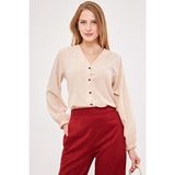Armonika Kadın Ekru Bürümcük Gömlek ARM-24K001002 Uzun Kol Regular Fit Günlük Stil Düz Desenli Dokuma Kumaş - XL