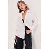 Armonika Kadın Ekru Oversize Uzun Basic Gömlek Günlük Stil Düz Desen Dokuma Kumaş Özellikleri ARM-22Y001118 - XL
