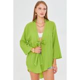 Armonika Kadın Fıstık Yeşili Kendinden Çizgili Önden Bağlamalı Kimono Gömlek ARM-24Y001101 - XL