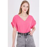 Armonika Kadın Fuşya V Yaka Yanları Yırtmaçlı Arkası Uzun Duble Kol Detaylı Oversize Bluz ARM-24Y001074 - 50