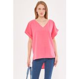 armonika Kadın Fuşya V Yaka Yanları Yırtmaçlı Arkası Uzun Duble Kol Detaylı Oversize Bluz ARM-24Y001074