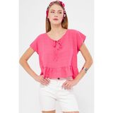 Armonika Kadın Fuşya Yarasa Kol Yakası Bağlamalı Eteği Fırfırlı Oversize Crop Bluz ARM-24Y001088 - XL