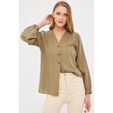 Armonika Kadın Haki Kolu Lastikli Bürümcük Gömlek Pamuk-Polyester Rahat Kesim Şık Tasarım ARM-24K001002