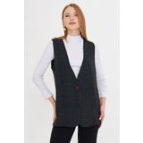 armonika Kadın Haki V Yaka Tek Düğmeli Oversize Desenli Yelek ARM-25K001110